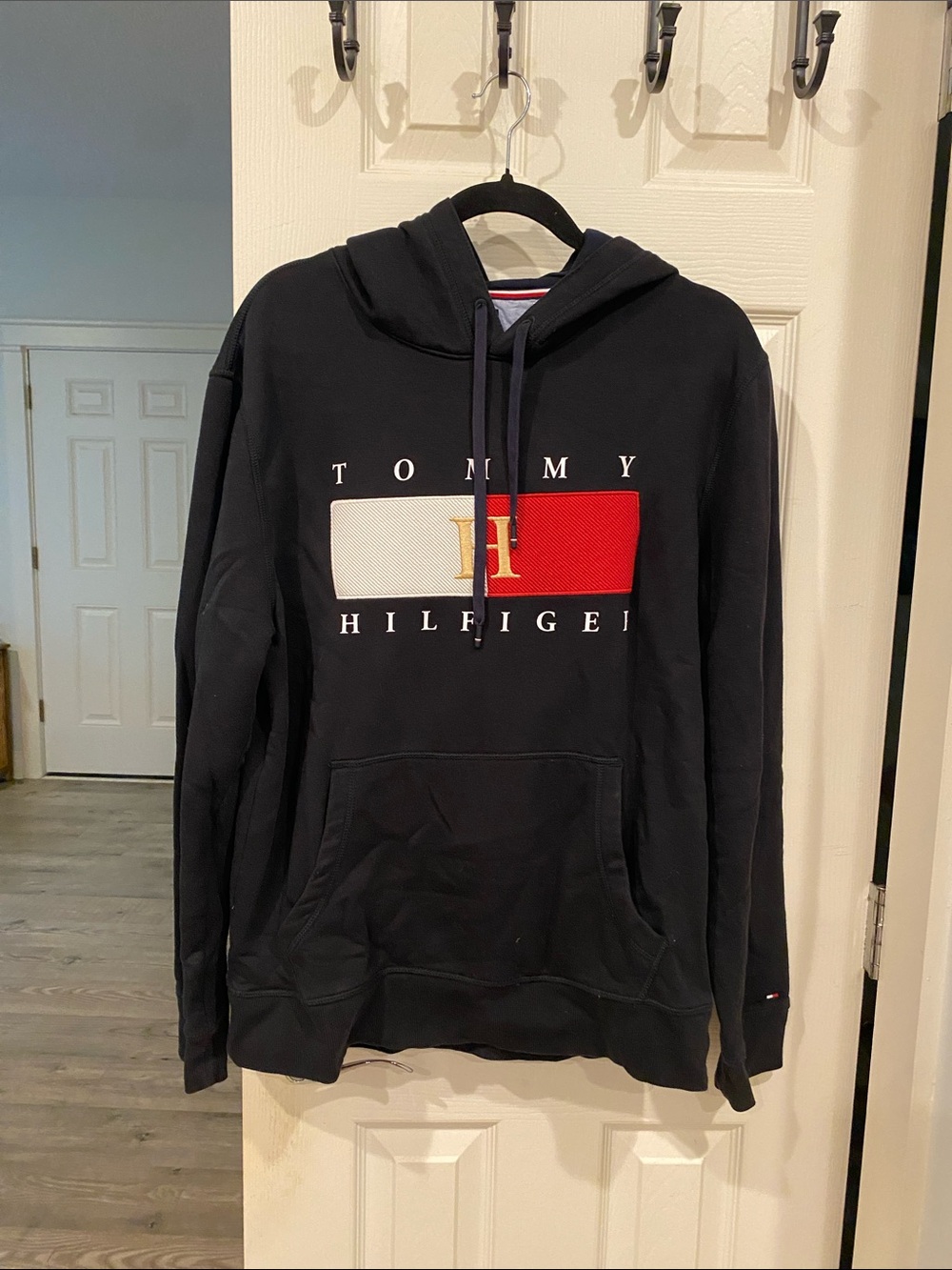 Tommy Hilfiger Black Pullover Hoodie with Red, White & Gold Logo